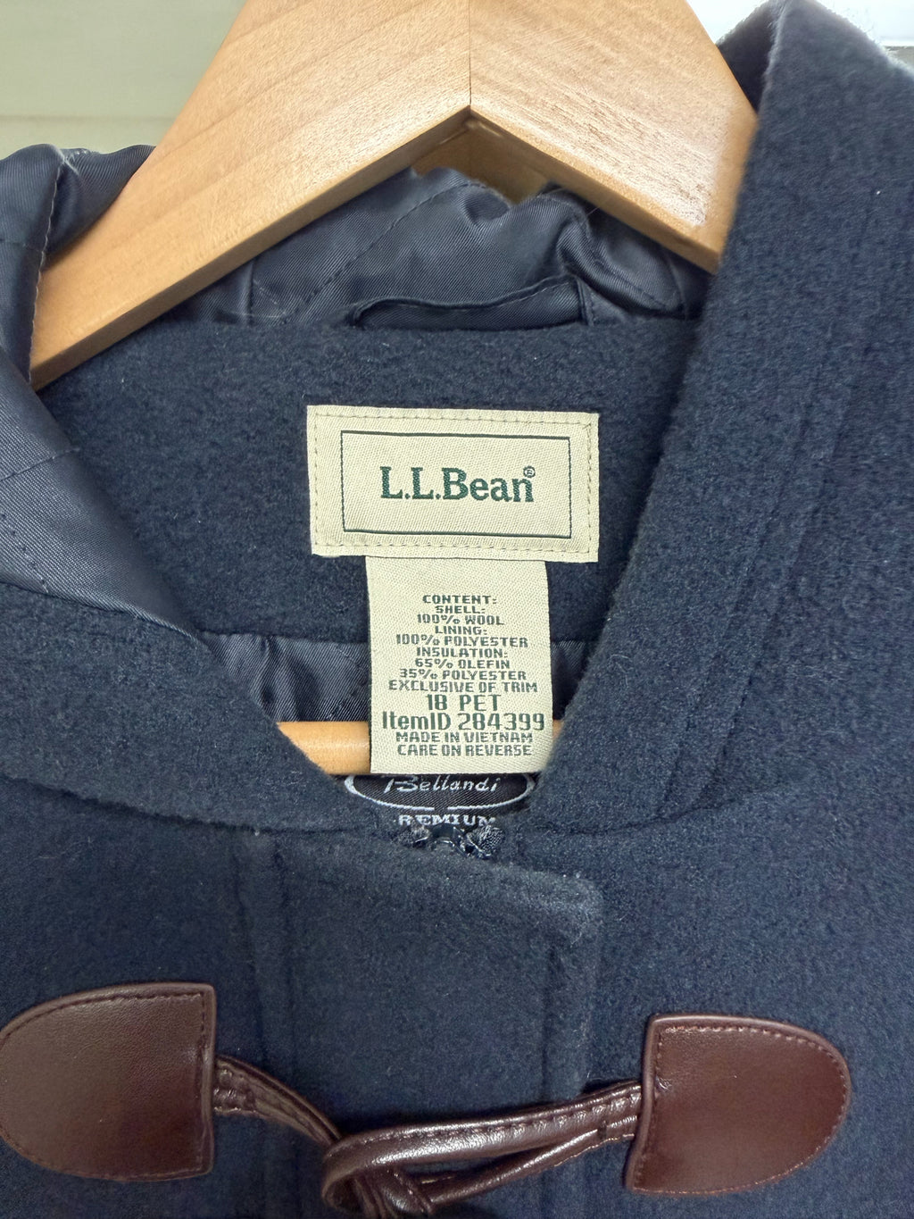LL BEAN BELLANDI ITALIAN WOOL HOOD DUFFLE NAVY TOGGLE COAT SIZE 18