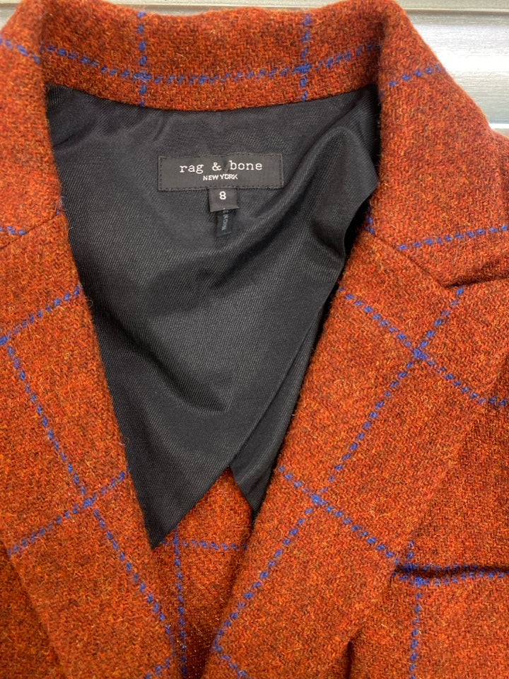 RAG & BONE NANCIE WOOL WINDOWPANE PLAID BLAZER SIZE 8 RUST
