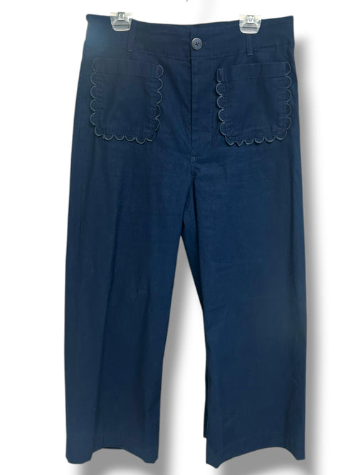 ANTHROPOLOGIE MAEVE THE COLETTE SCALLOP POCKET CROPPED WIDE LEG NAVY PANTS