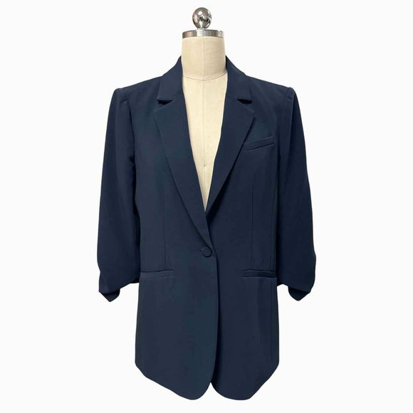 CINQ A SEPT KHLOE RUCHED CREPE NAVY BLAZER SIZE 8