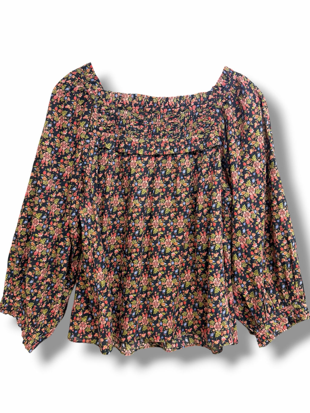 WOMEN'S DOEN ORGANIC COTTON AGATHA SMOCKED PEASANT BLOUSE SIZE XS