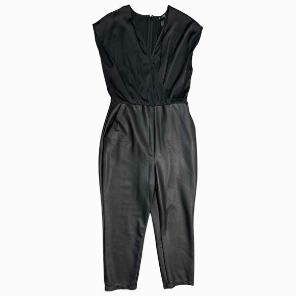 EXPRESS CAP SLEEVE FAUX LEATHER BLACK JUMPSUIT SIZE M