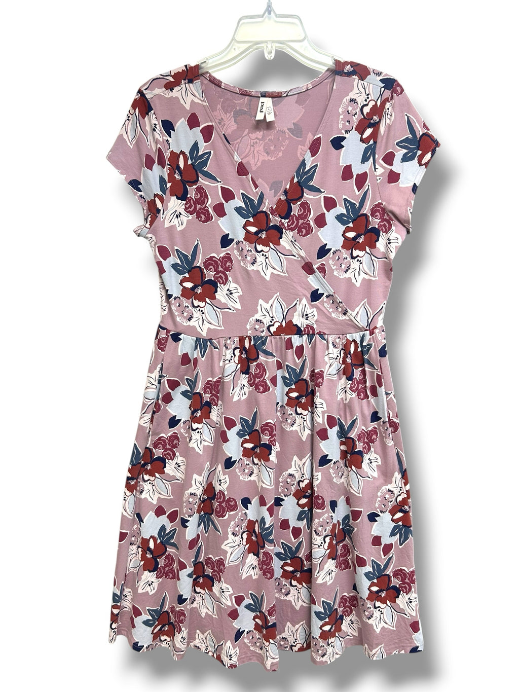 PACT WOMEN'S FIT AND FLARE CROSSOVER PINK FLORAL DRESS SIZE L