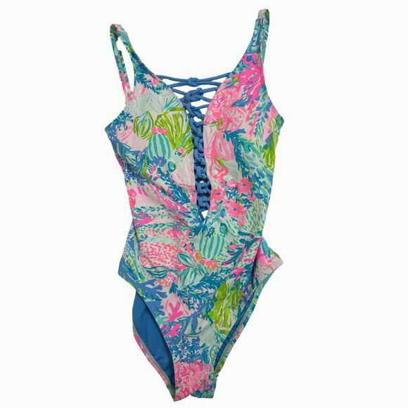 LILLY PULITZER ISLE LATTICE BLUE/PINK SWIMSUIT SIZE 2