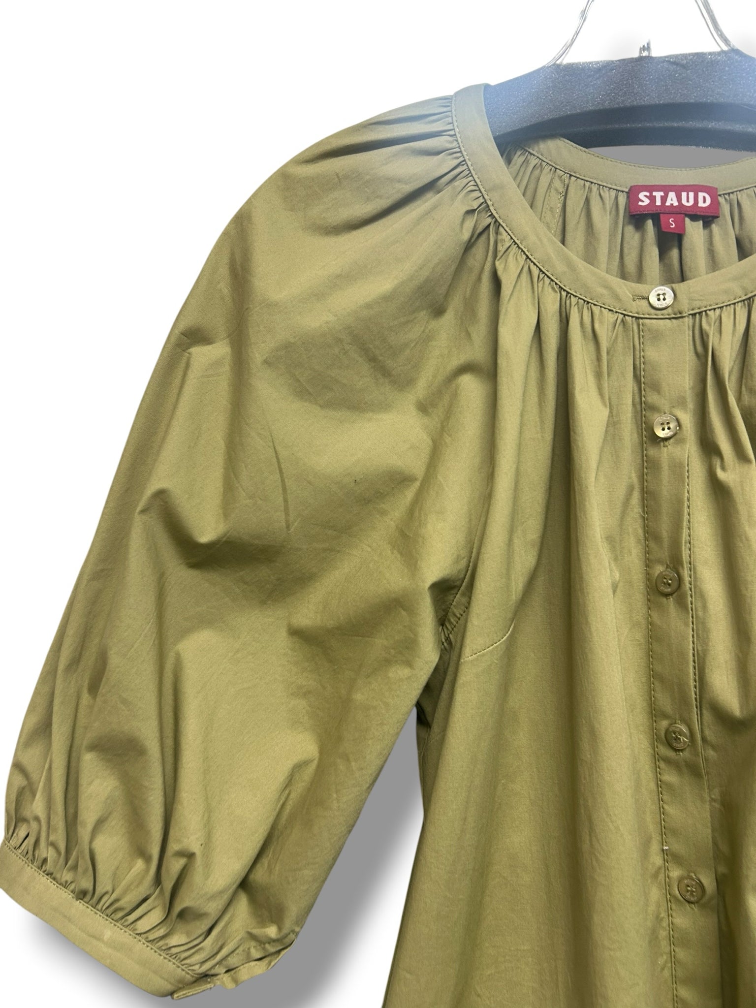 STAUD MINI VINCENT KHAKI BALLOON SLEEVES OLIVE GREEN DRESS SIZE SMALL