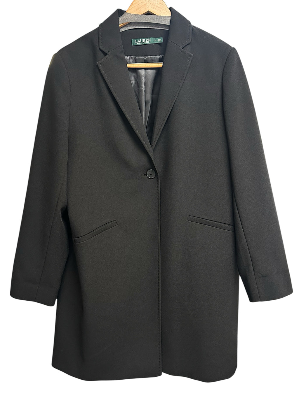 RALPH LAUREN BLACK SINGLE BUTTON CREPE DRESS COAT SIZE XL