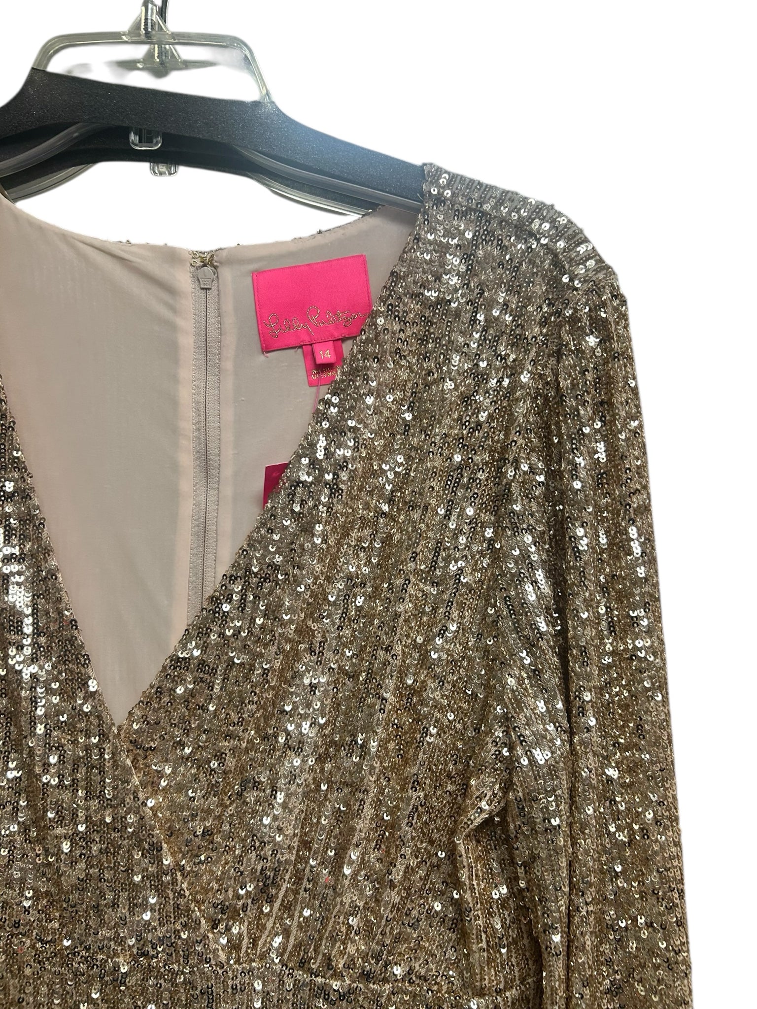 LILLY PULITZER NWT REAGAN LS GOLD SEQUIN MINI BALLOON SLEEVE DRESS SIZE 14