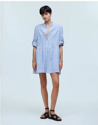 MADEWELL POPLIN BUTTON FRONT GATHERED MINI DRESS BLUE WHITE SIZE XL