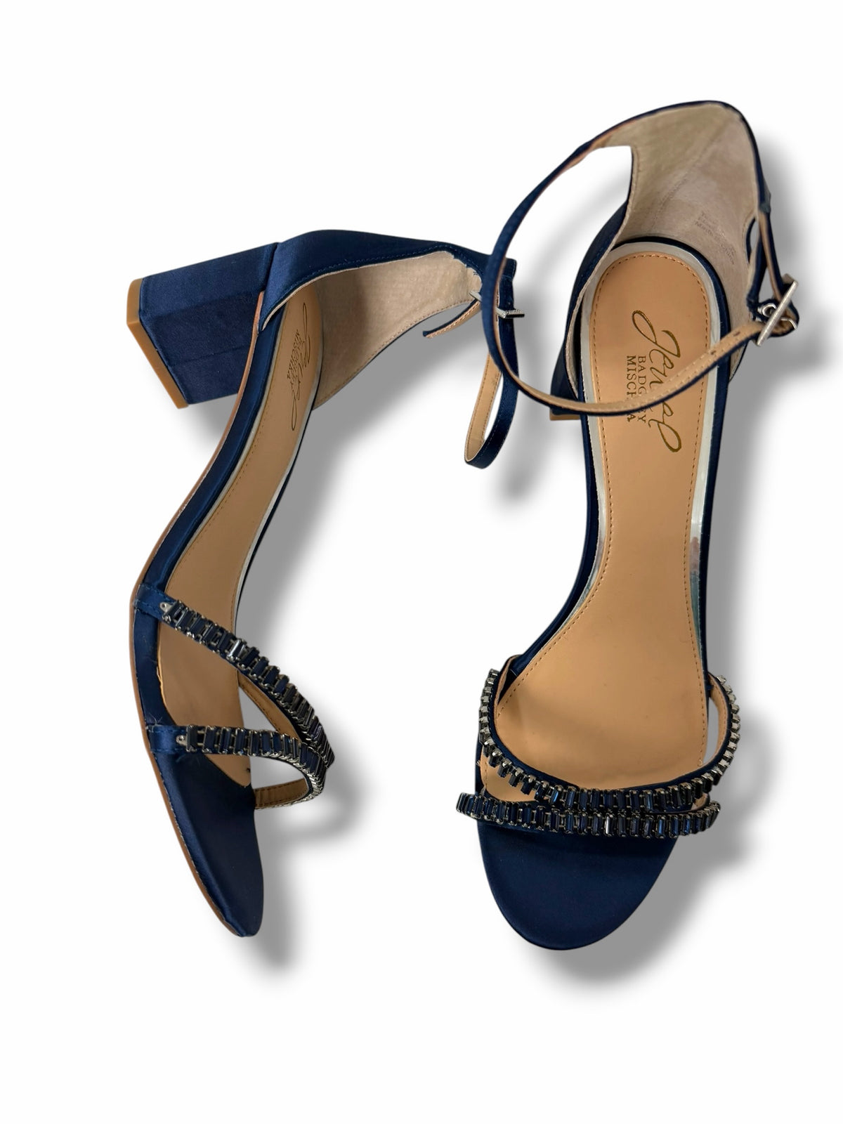NEW IN BOX BADGLEY MISCHKA JOANNE SATIN JEWEL STRAPPY BLOCK HEEL SIZE 9