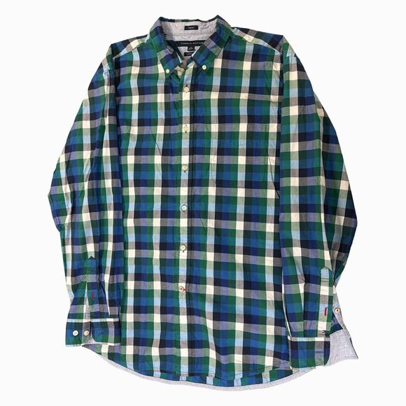TOMMY HILFIGER PLAID OXFORD NAVY/GREEN SHIRT SIZE XL