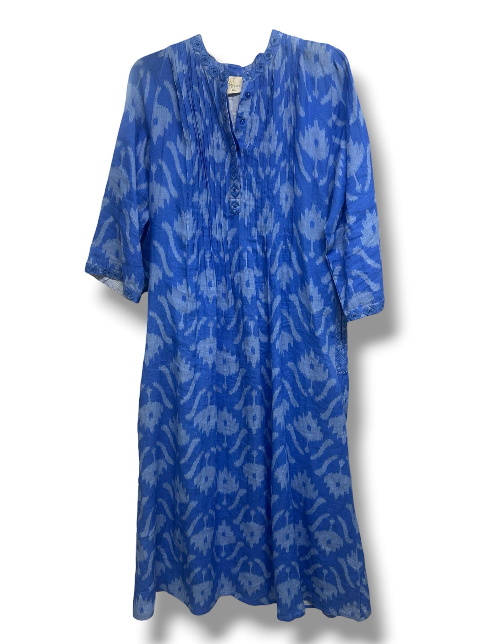 NIMO WITH LOVE BLUE EMBROIDERED LONG SLEEVE LINEN  KAFTAN DRESS SIZE XL