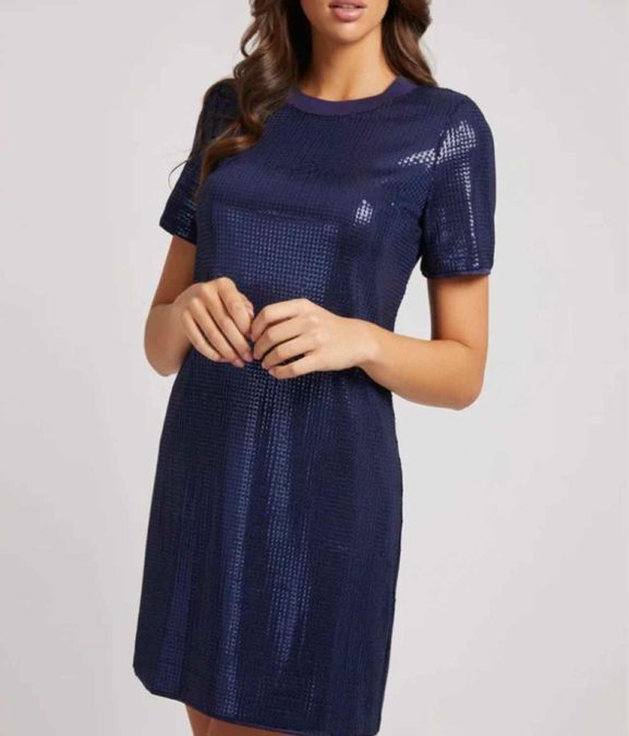 GUESS ALL OVER SEQUIN MINI BLUE DRESS DALIA SHORT SLEEVE SIZE: M