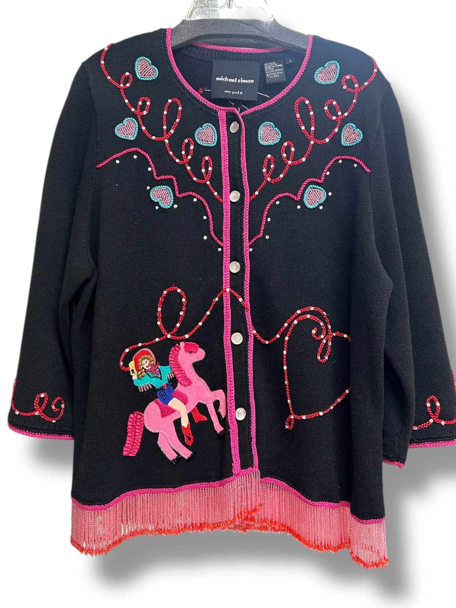 MICHAEL SIMON VINTAGE EMBROIDERED COWGIRL CARDIGAN PINK BEADED FRINGE LARGE