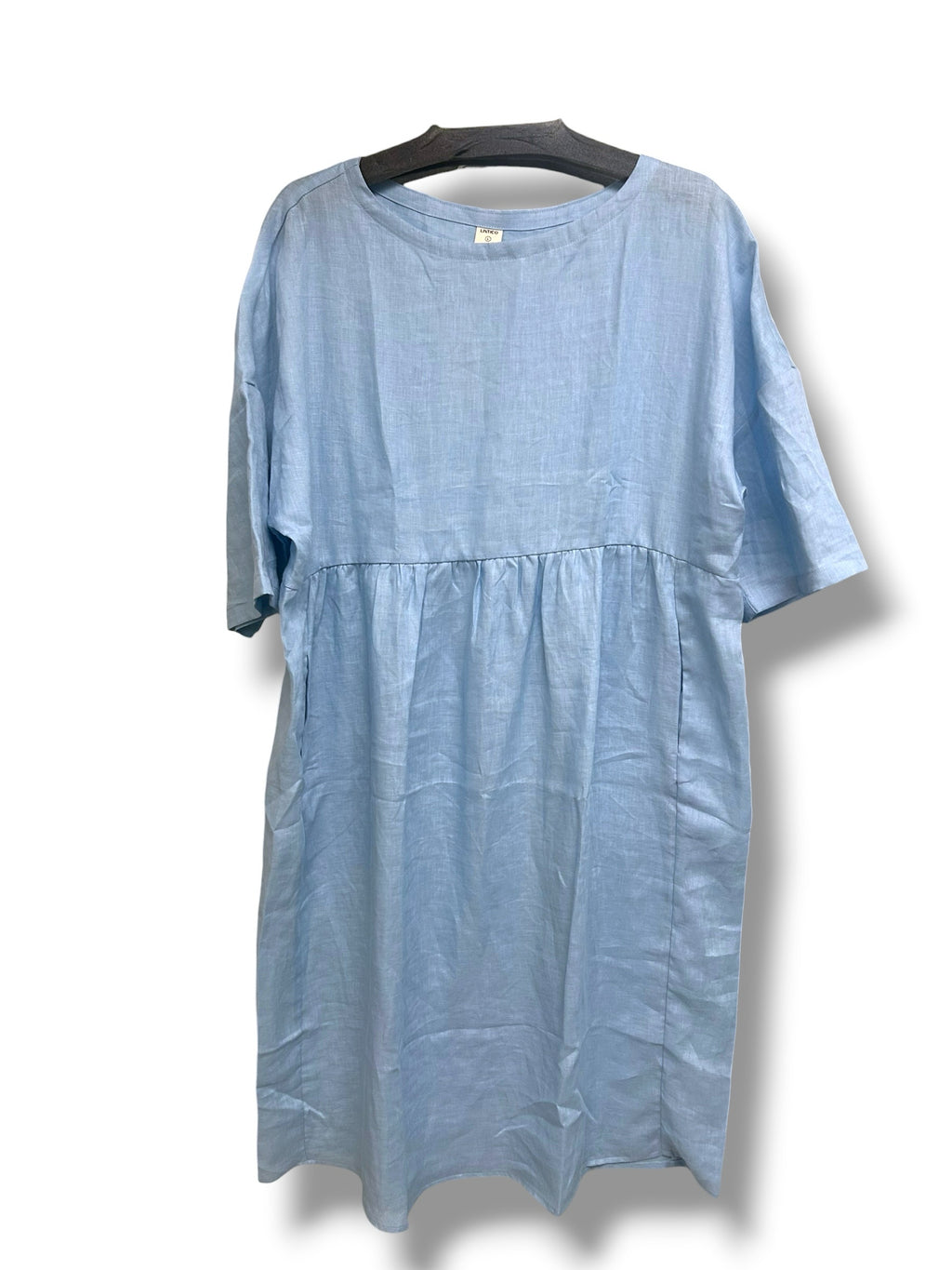 NWT LINTICO VALENCIA 100% LINEN BABY BLUE MIDI SHIFT DRESS SIZE LARGE