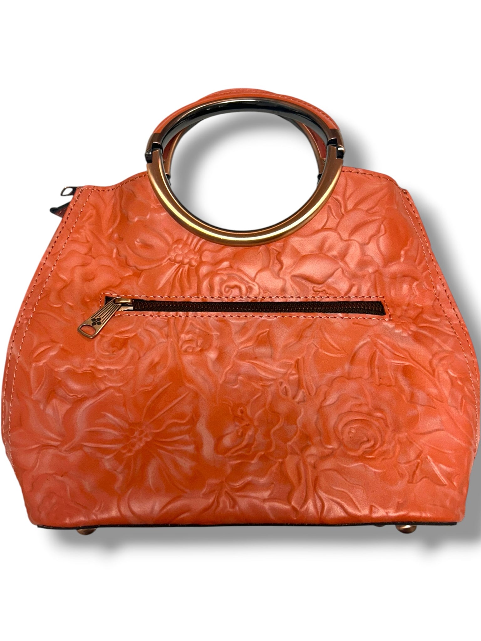 PATRICIA NASH ARIA RING HANDLE SHOPPER ORANGE TOOLED LEATHER