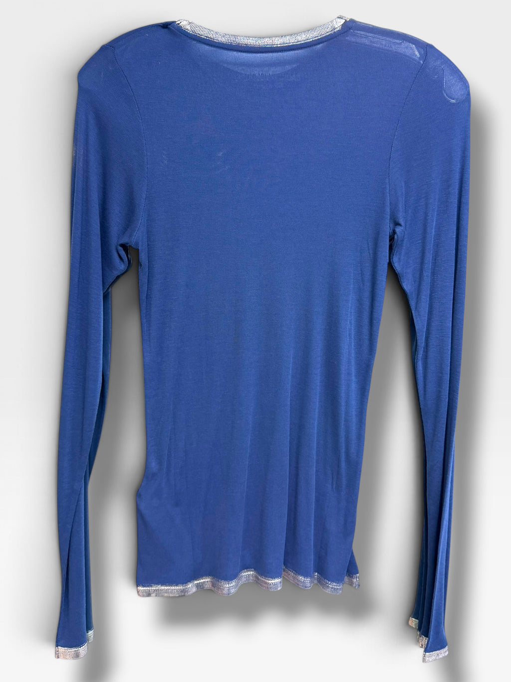 NWT ZADIG & VOLTAIRE WILLY FOIL TOP PACIFIC BLUE SILVER TRIM SIZE SMALL