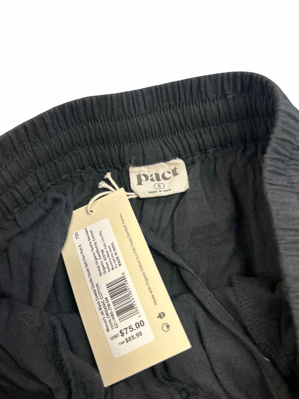 PACT NWT COASTAL DBL GAUZE SPLIT HEM ORGANIC COTTON JET BLACK SIZE: S