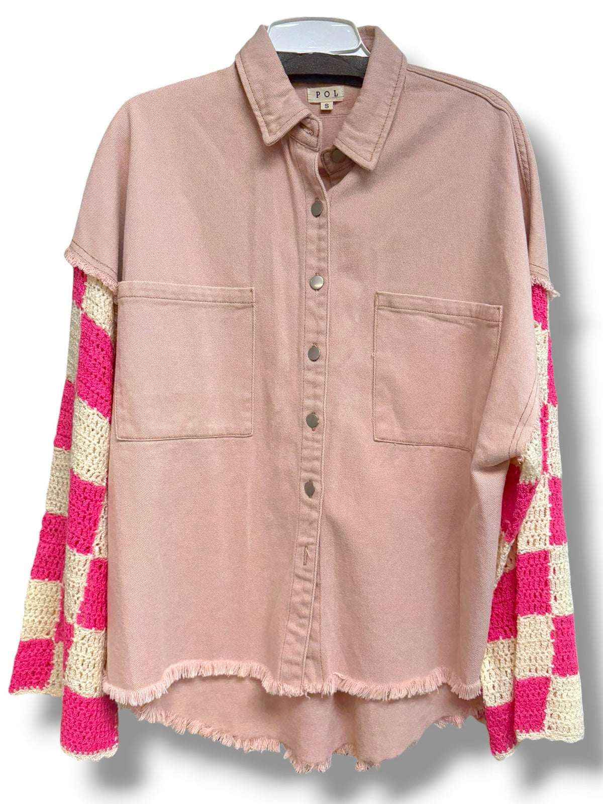ANTHROPOLOGIE POL PINK CROCHET CHECKER SLEEVE SHACKET SIZE SMALL