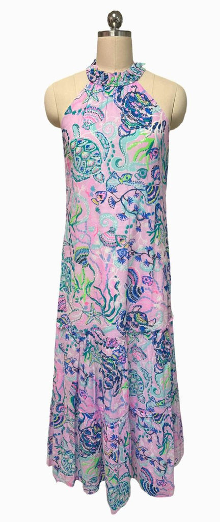 LILLY PULITZER EVERLY PINK/BLUE MAXI DRESS SIZE XS