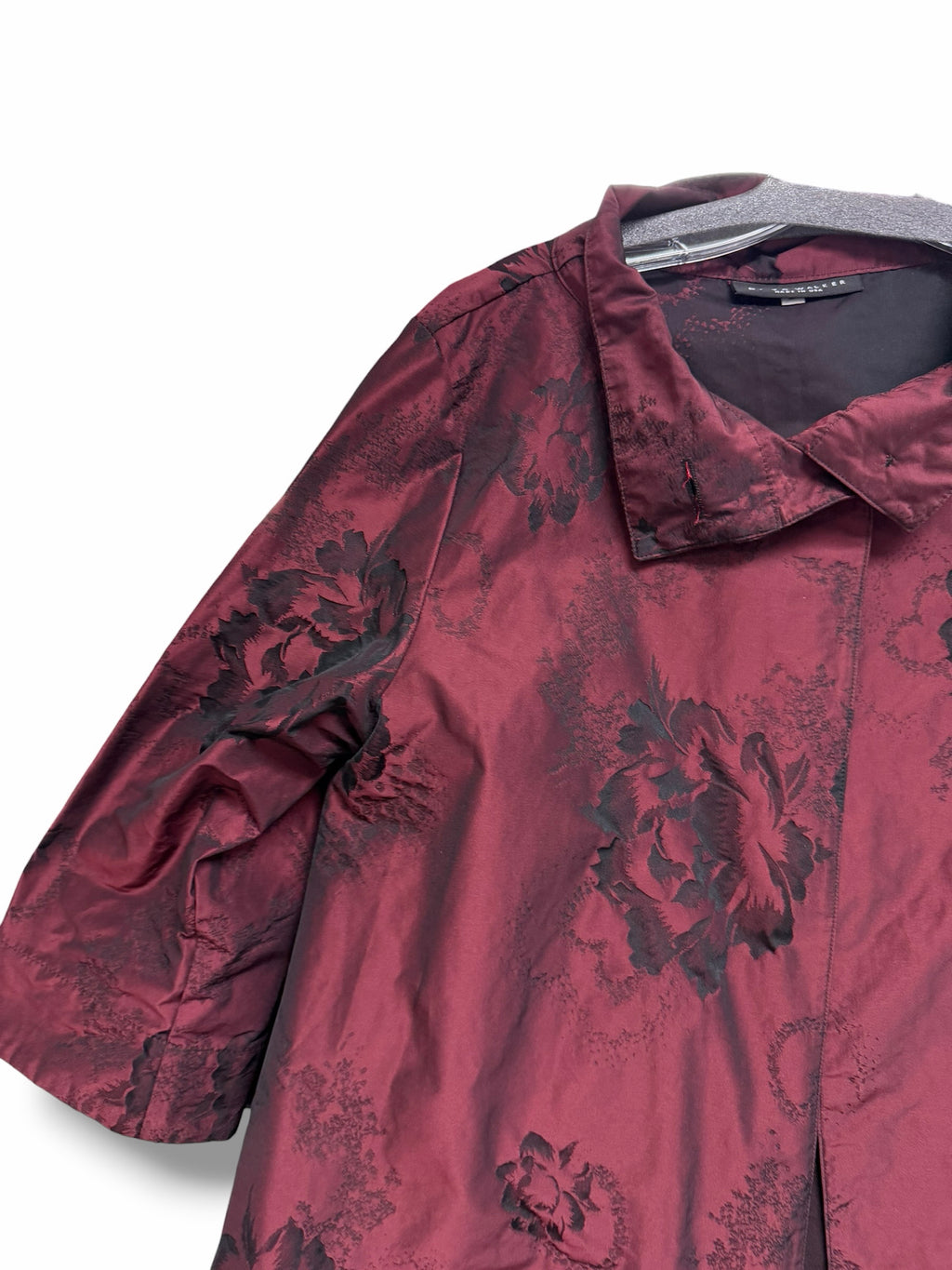 BRYN WALKER ART TO WEAR BURGUNDY JACQUARD SATIN TOPPER JACKET SIZE SMALL