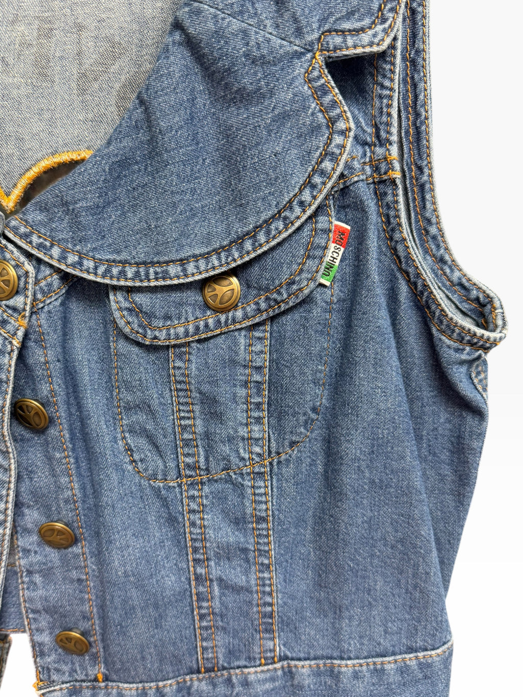 MOSCHINO JEANS 90'S CLEAR HEART LOVE HAS NO COLOR DENIM CROPPED VEST SIZE 14