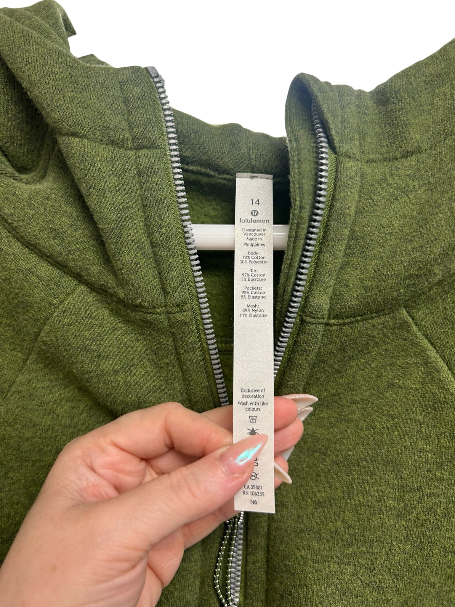 LULULEMON SCUBA FULL ZIP HOODIE HEATHERED BRAVE OLIVE GREEN SIZE 14
