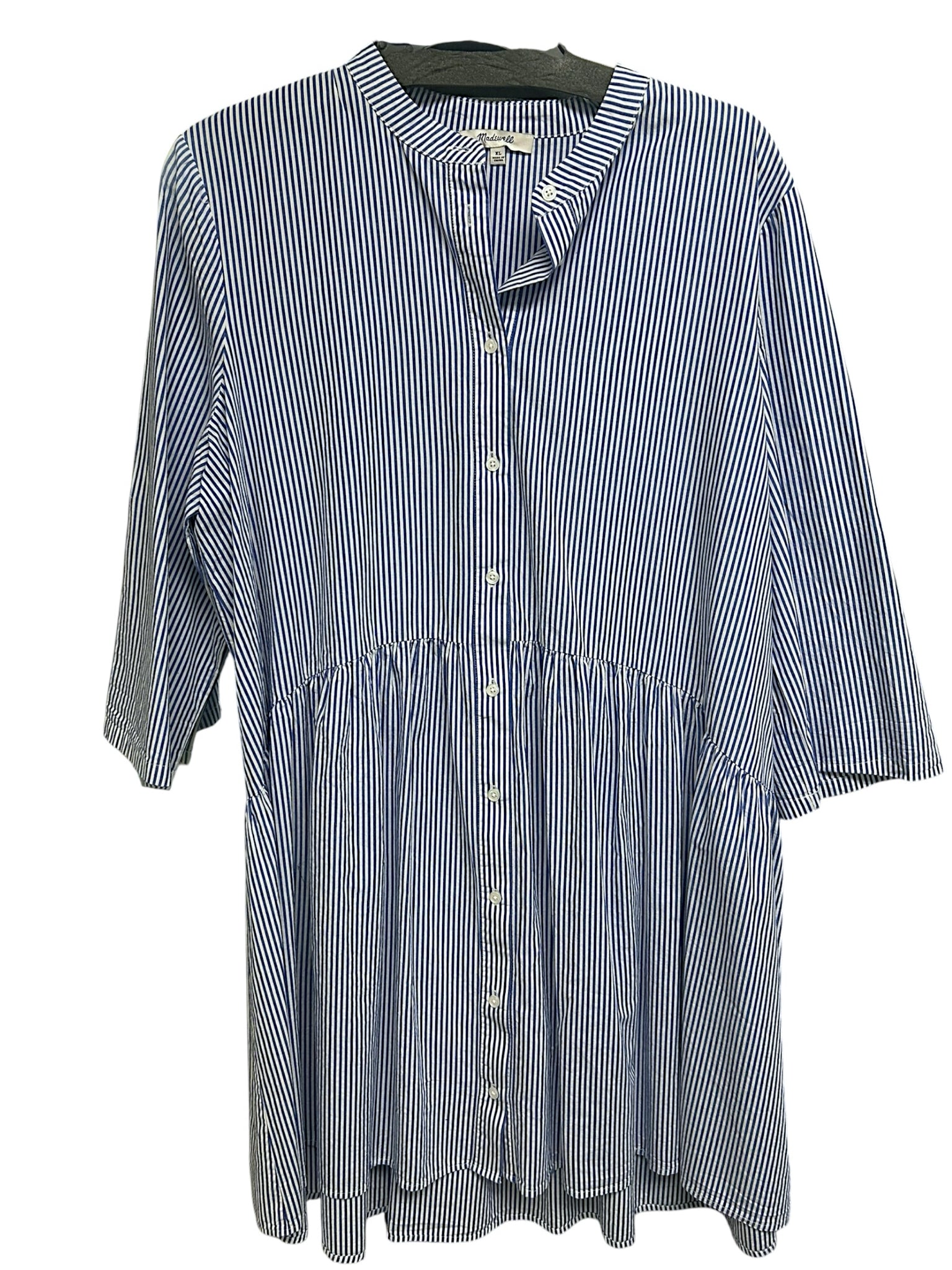 MADEWELL POPLIN BUTTON FRONT GATHERED MINI DRESS BLUE WHITE SIZE XL