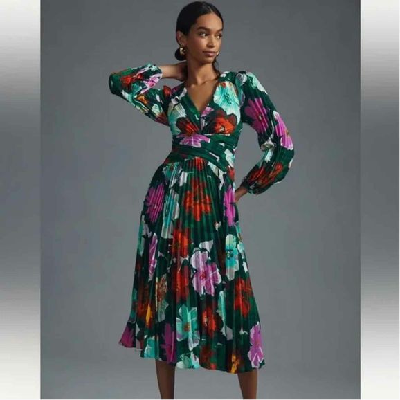 ANTHROPOLOGIE MAEVE PLEATED LONG SLEEVE FLORAL DRESS SIZE: 10