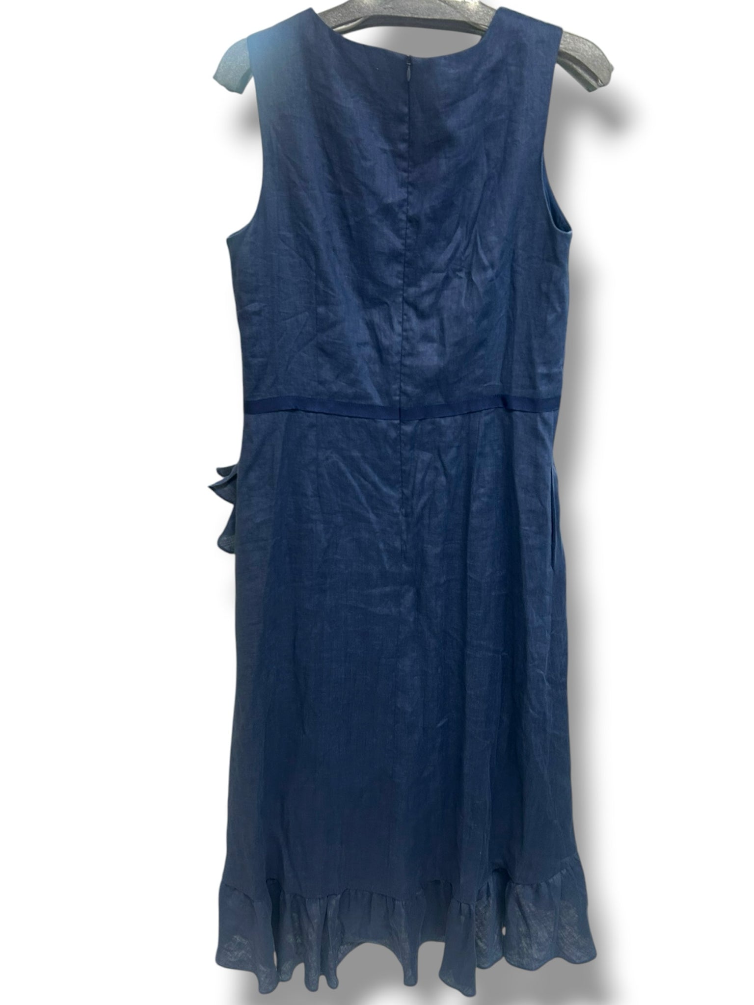 NWT SARA CAMPBELL CHANTELLE LINEN RUFFLE NAVY BLUE SLEEVELESS MIDI DRESS SIZE 8