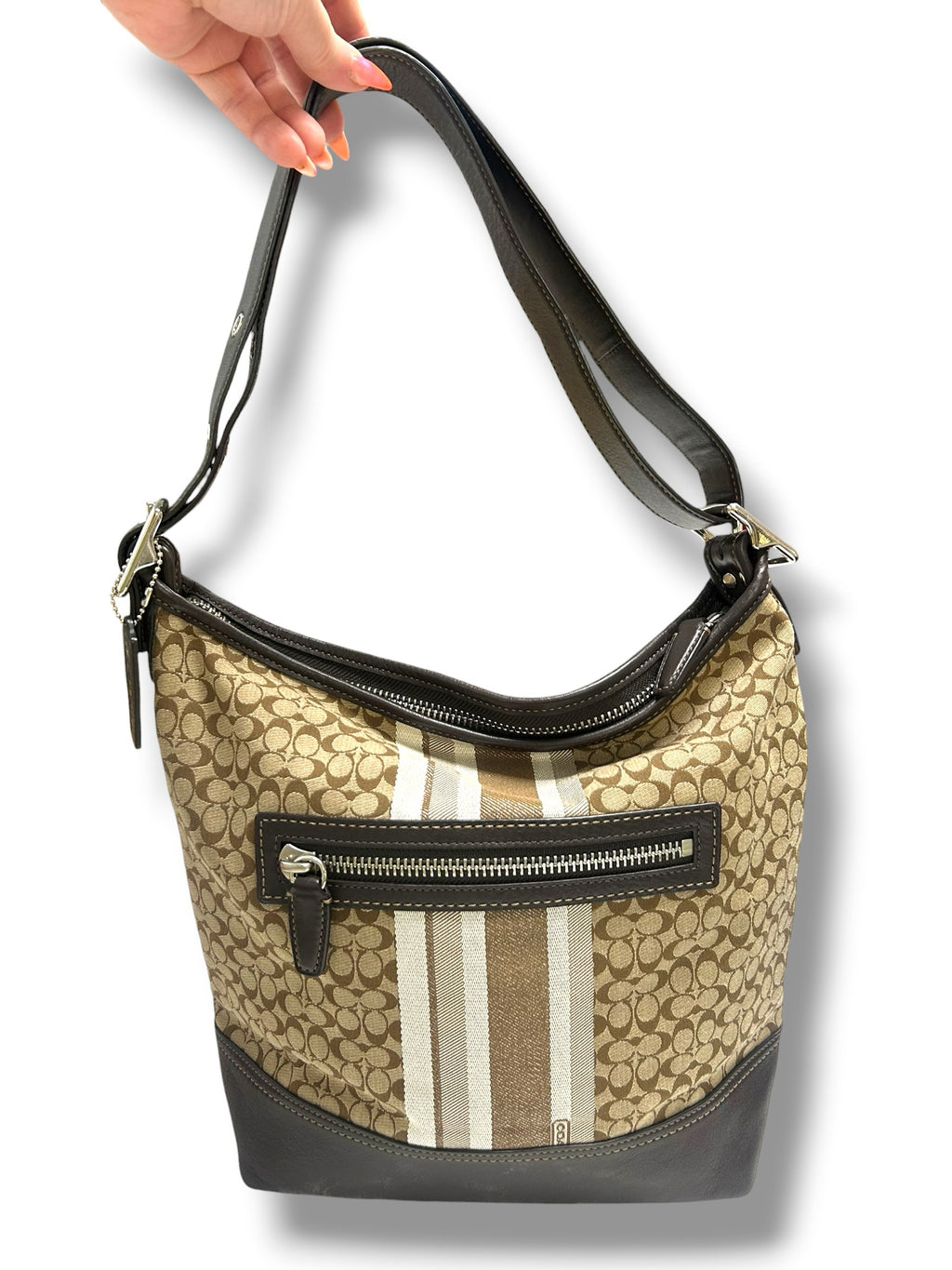 COACH LEGACY SIGNATURE STRIPE SHOULDER BROWN LOGO PRINT PURSE 19918P