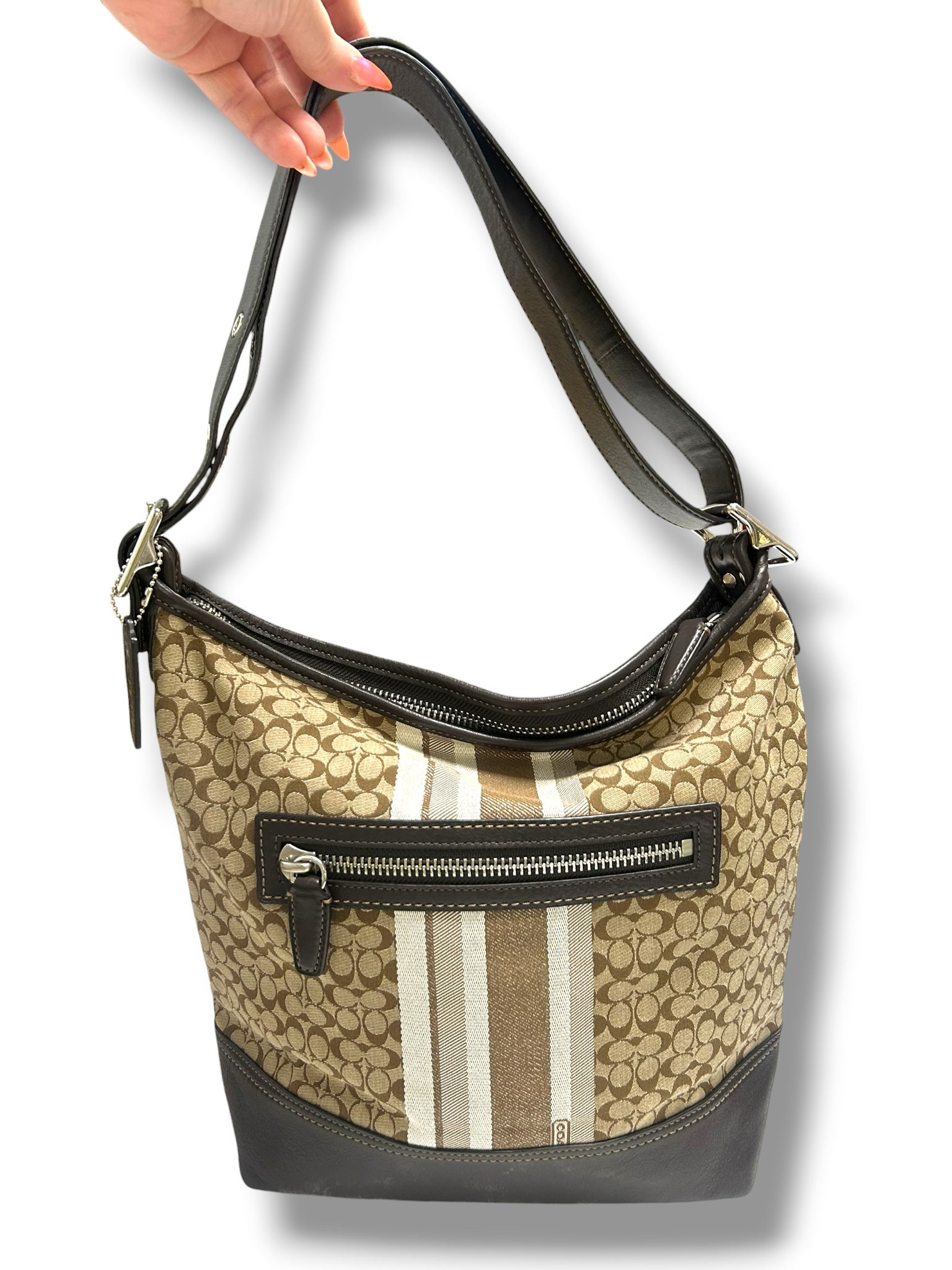 COACH LEGACY SIGNATURE STRIPE SHOULDER BROWN LOGO PRINT PURSE 19918P