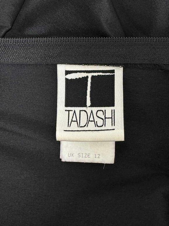 TADASHI SHOJI PLEATED RUCHED TAFFETA VNECK COLLARLESS BLACK TOP SIZE 10