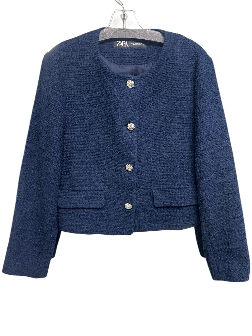 NWT ZARA NAVY BLUE BOUCLE SHORT TWEED BLAZER SIZE X-LARGE