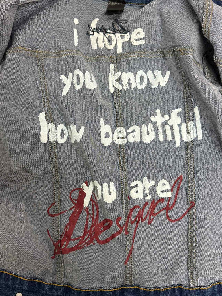 DESIGUAL TRUST ME YOU'RE LOVELY EMBROIDERED DENIM JACKET SIZE L