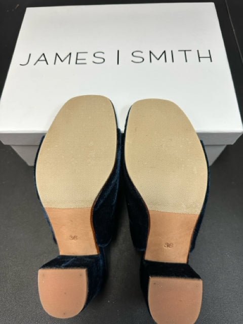 JAMES SMITH BLUE VELVET MULE HEEL SANDAL 36