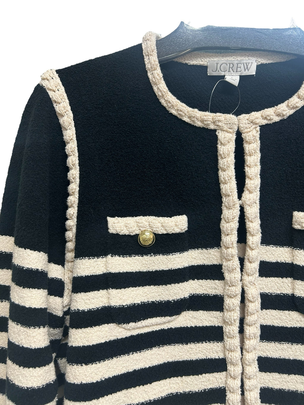NWT JCREW ODETTE LADY SWEATER BLACK CREAM KNIT CARDIGAN SIZE LARGE