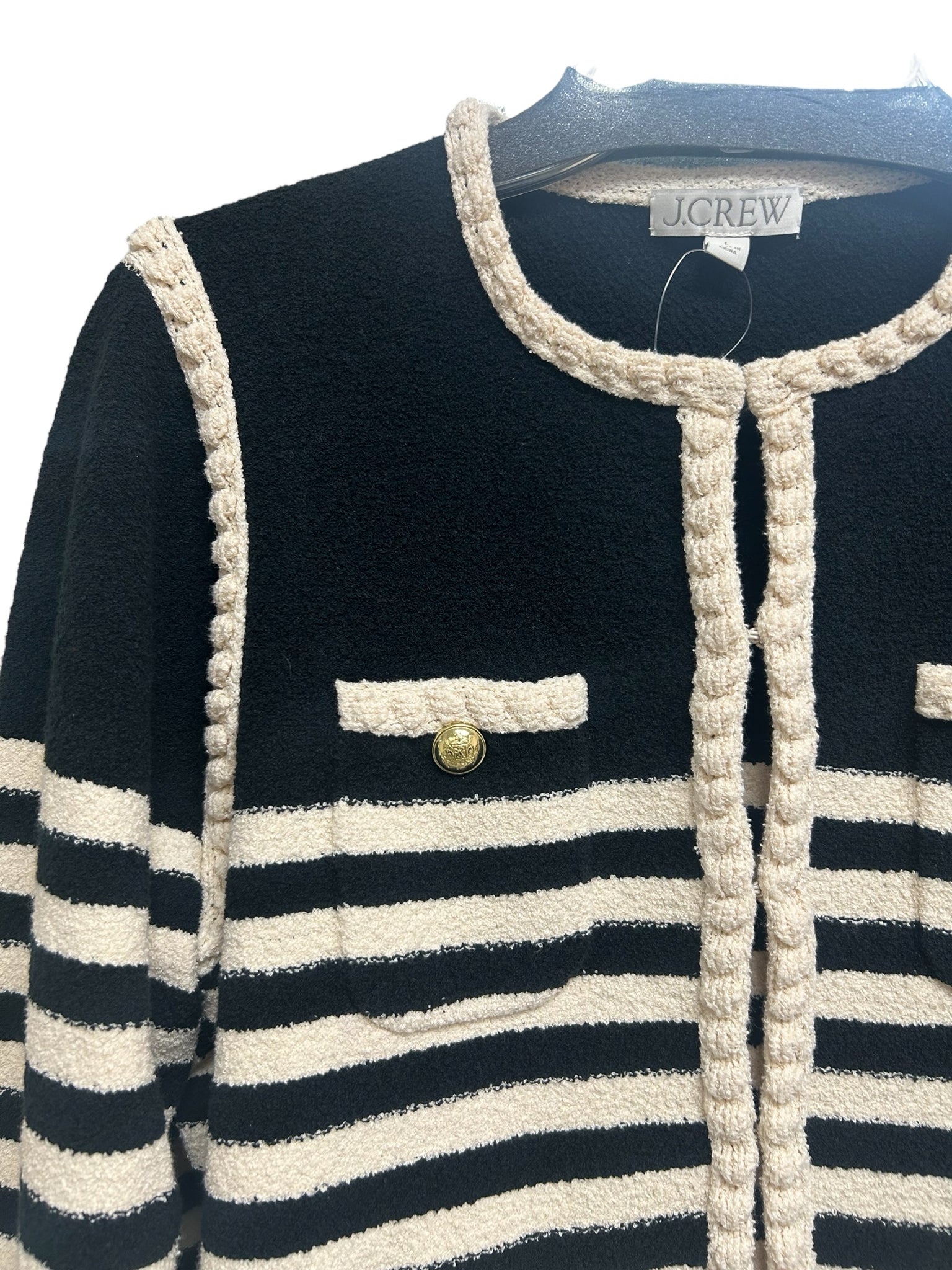 NWT JCREW ODETTE LADY SWEATER BLACK CREAM KNIT CARDIGAN SIZE LARGE