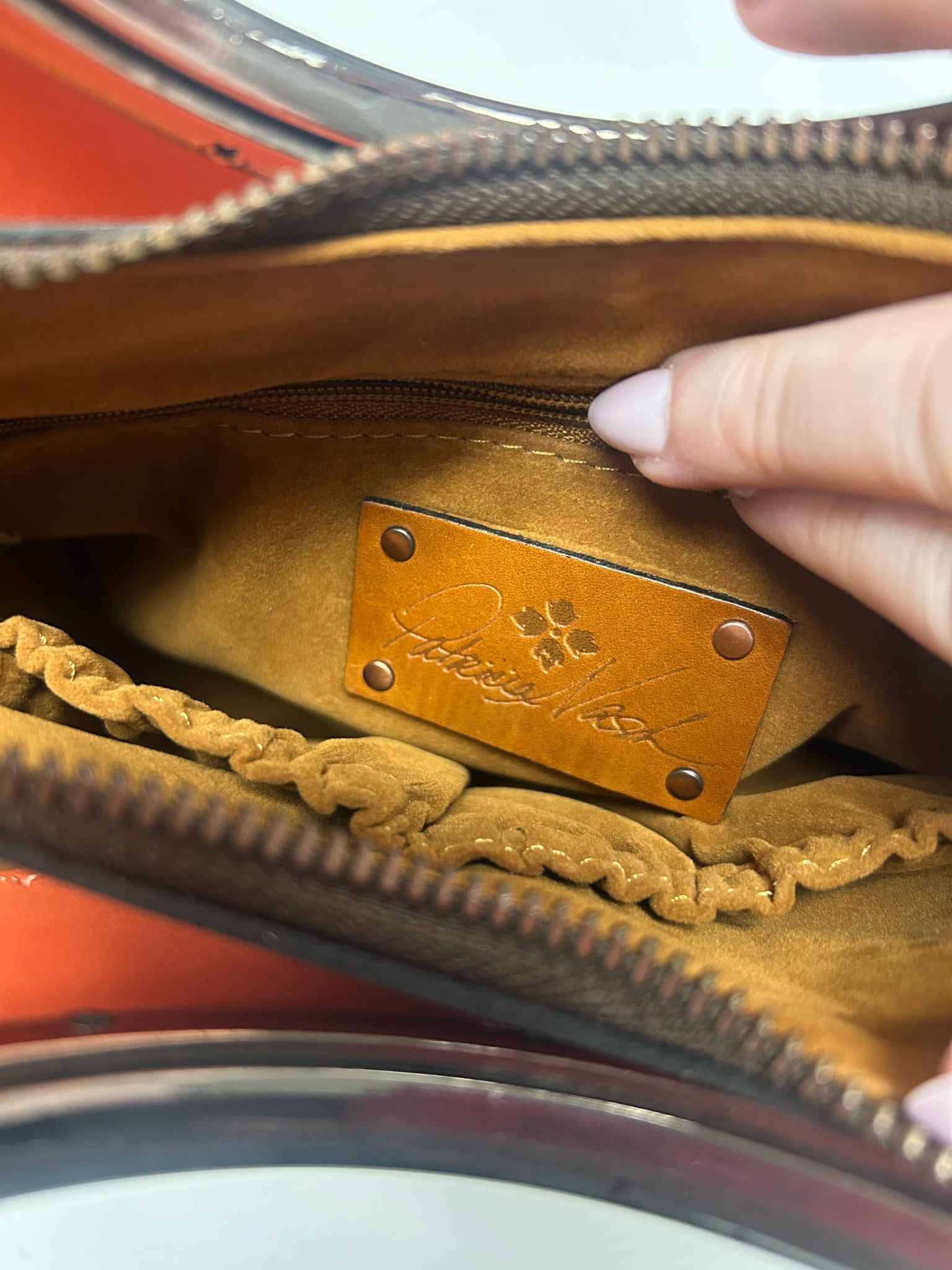 PATRICIA NASH ARIA RING HANDLE SHOPPER ORANGE TOOLED LEATHER