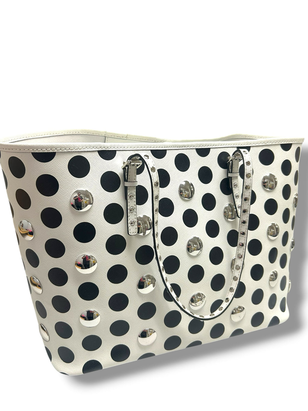 MICHAEL KORS JET SET POLKA DOT SILVER STUDDED TRAVEL BLACK WHITE TOTE