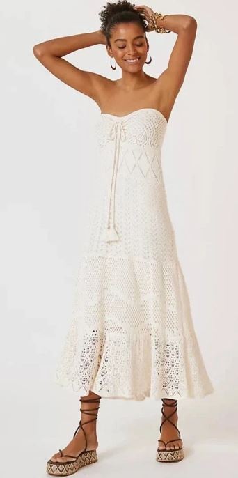 ANTHROPOLOGIE FARM RIO CREAM CROCHET STRAPLESS MAXI DRESS SIZE SMALL