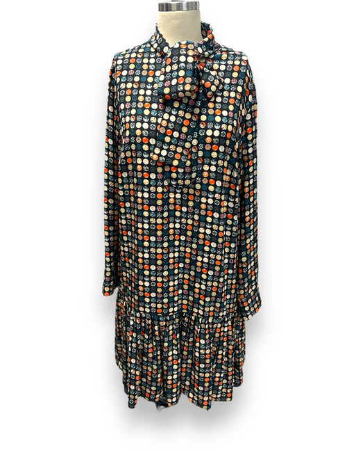 AKRIS PUNTO 2025 MULBERRY SILK BOW NECK RUFFLE DRESS SIZE 12