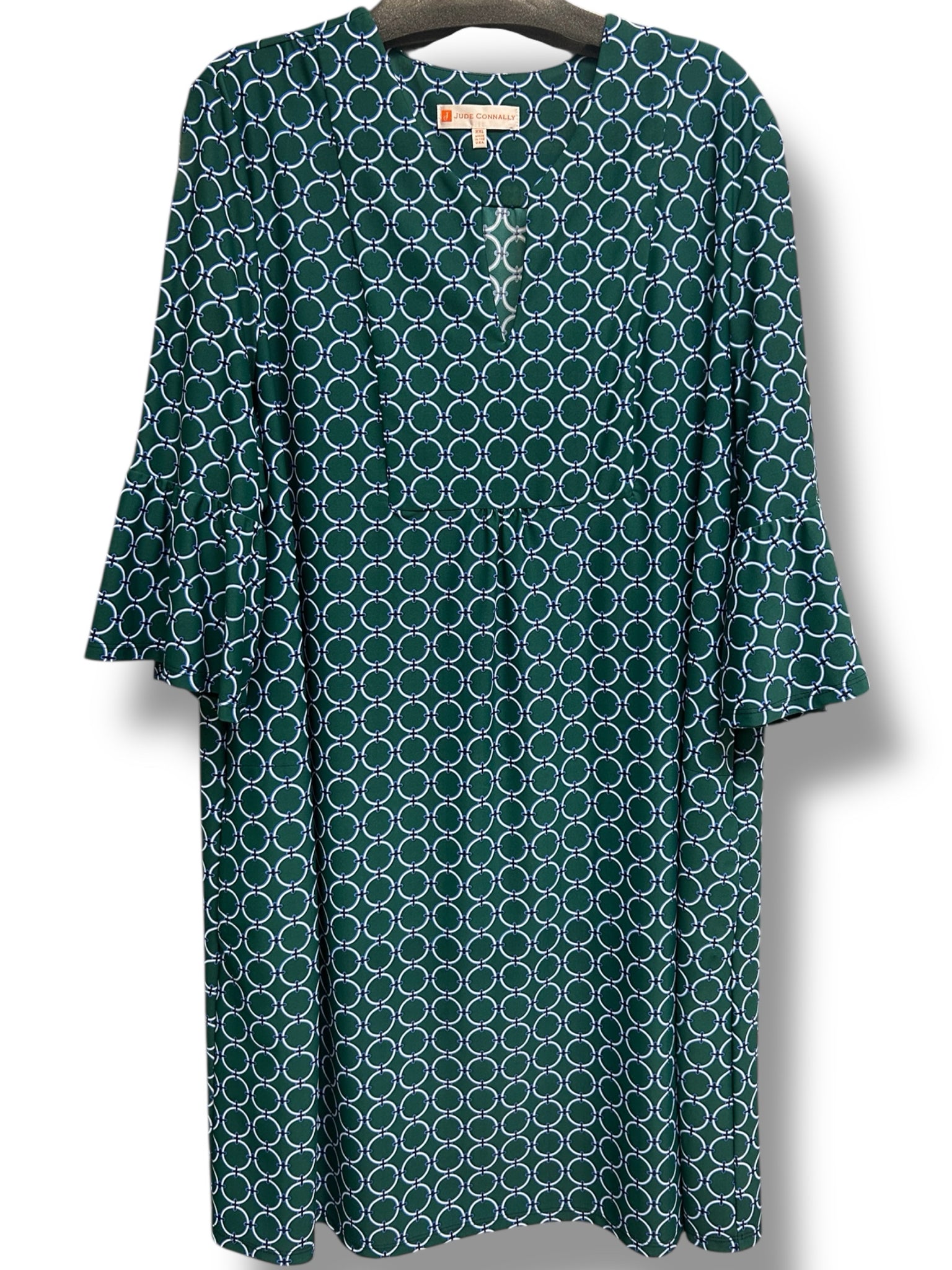 JUDE CONNALLY CIRCLE GEO CHAIN LINK BELL SLEEVE GREEN DRESS SIZE XXL