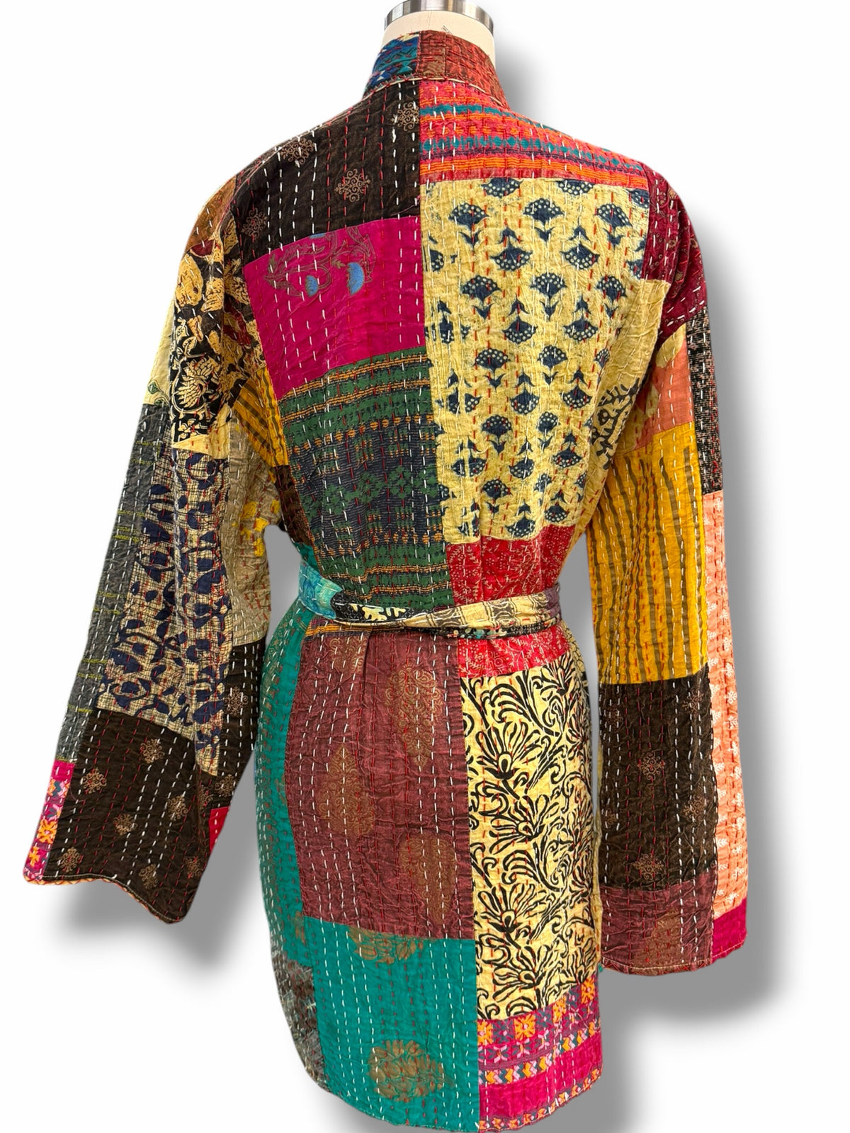 KANTHA UPCYCLED PATCHWORK CONTRAST STITCH BELTED KIMONO ONE SIZE