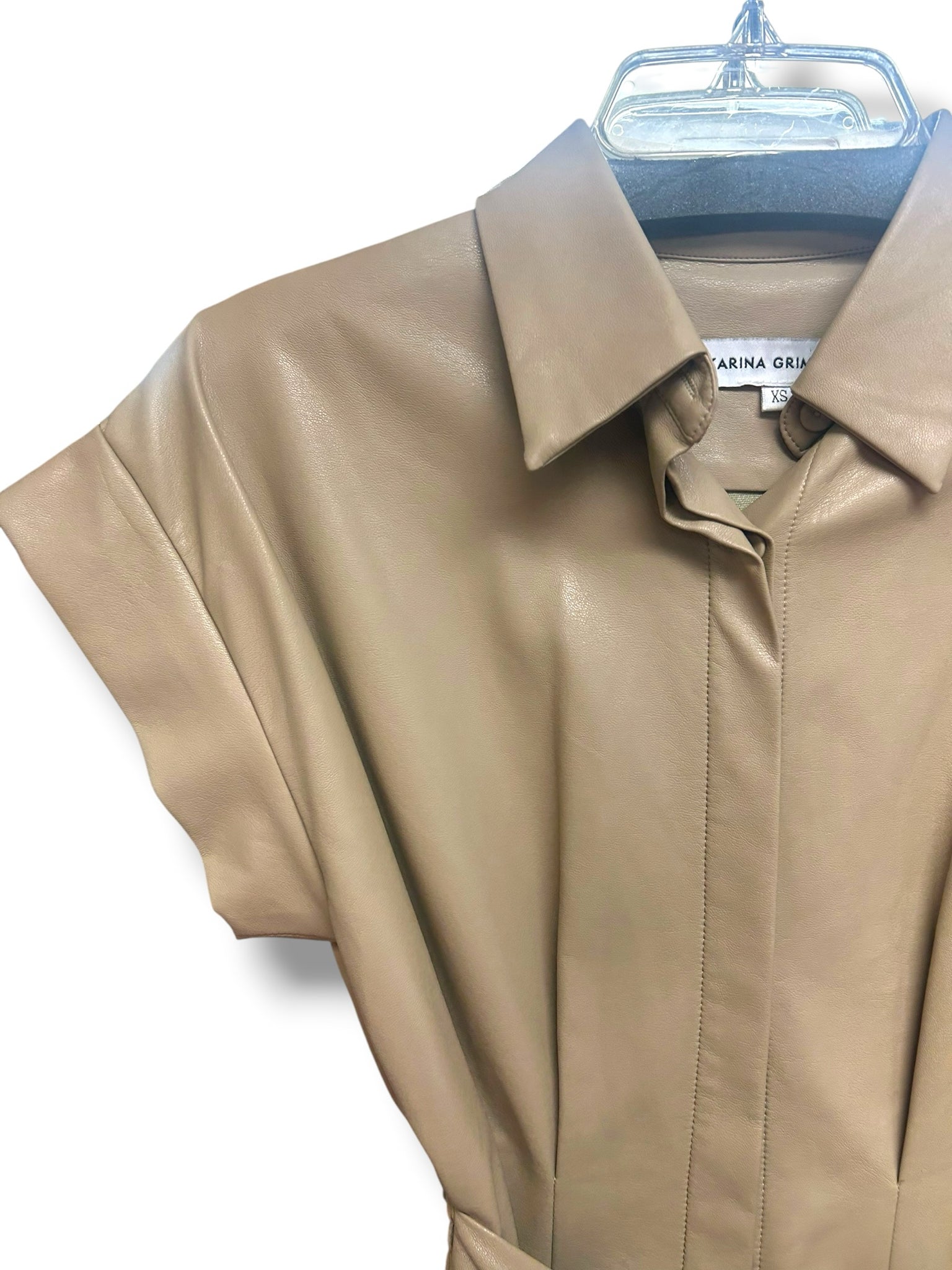 KARINA GRIMALDE VEGAN LEATHER BUTTON FRONT TAN MINI DRESS SIZE XS
