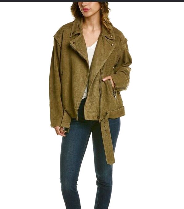 TED BAKER NWT! LOUIEY PERFORATED SUEDE BIKER OLIVE JACKET SIZE M