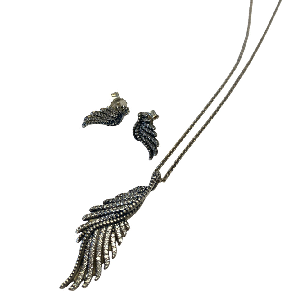 PANDORA MAJESTIC FEATHER STERLING SILVER 925 EARRING & NECKLACE SET