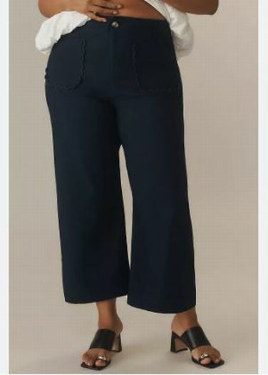 ANTHROPOLOGIE MAEVE THE COLETTE SCALLOP POCKET CROPPED WIDE LEG NAVY PANTS