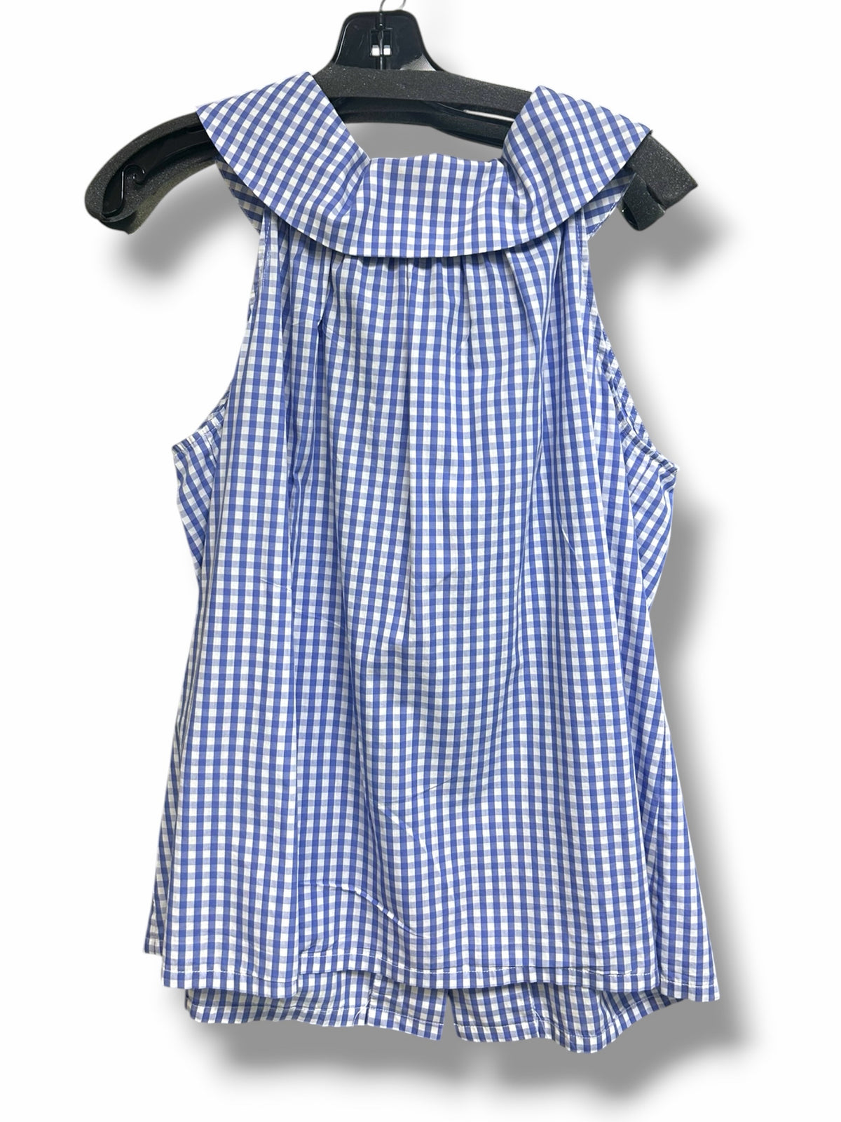 SARA CAMPBELL BLUE GINGHAM PETER PAN COLLAR SLEEVELESS BUTTON BACK BLOUSE SIZE L