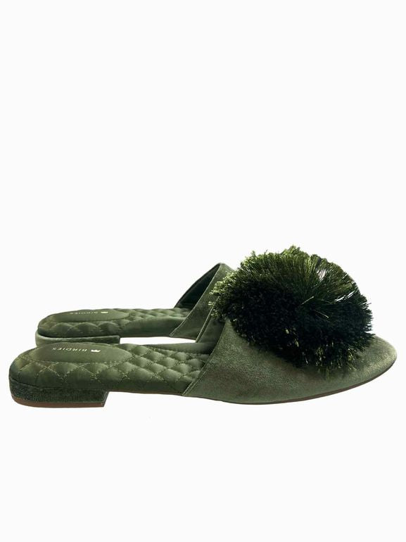 BIRDIES  SONGBIRD VELVET POM POM MULES IN OLIVE GREEN SIZE: 11