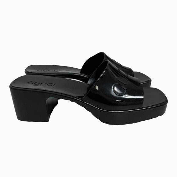 GUCCI RUBBER GUCCY LOGO PLATFORM 20/60MM SLIDE BLACK SANDALS SIZE 7